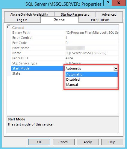 Mode SQL Server Start Options.