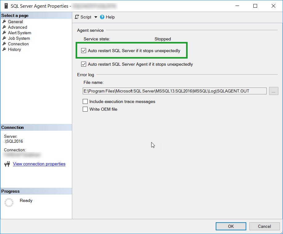 SQL Server Agent Properties Window.