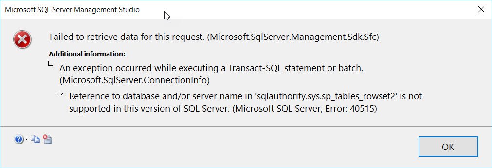 SQL server error dialog box.