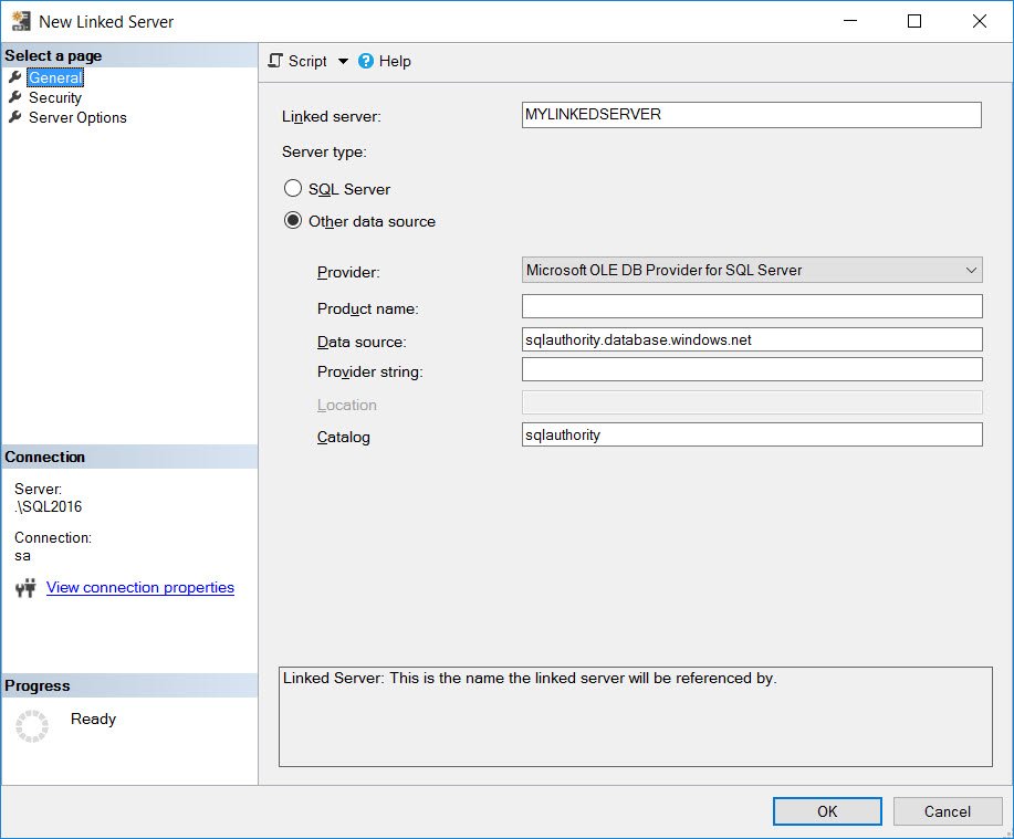 Linked Server window.