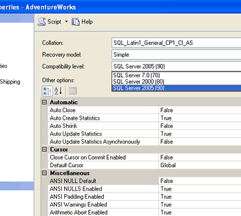 SQL Server compatible level settings.