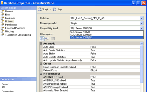 SQL Server compatible level settings.