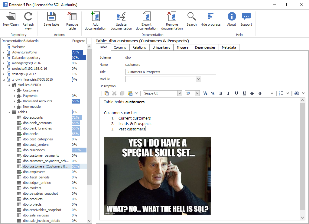 Dataedo 5 Pro SQL documentation window.