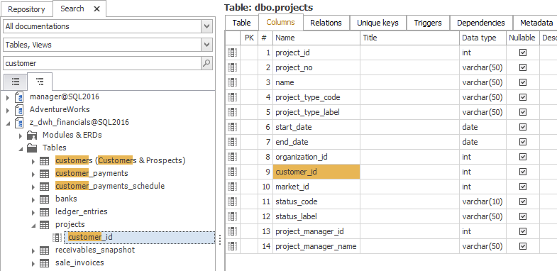 SQL Server table design tool window.