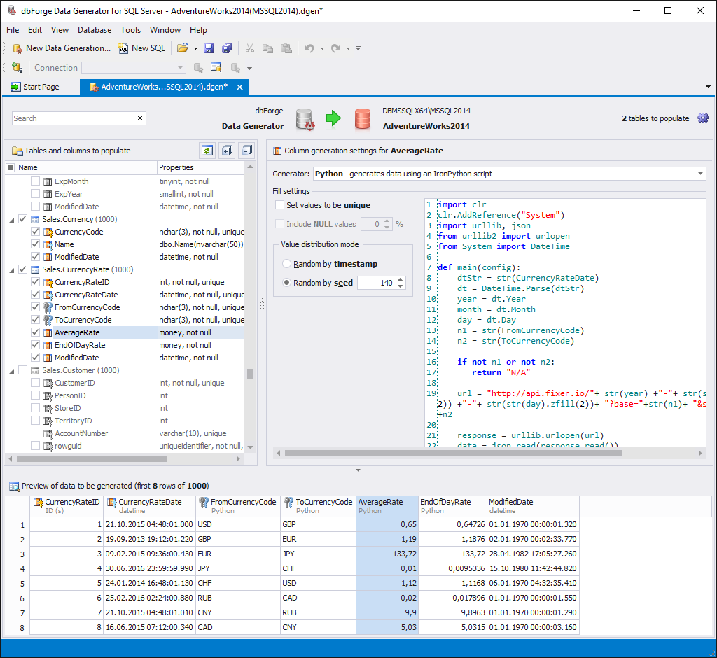 DbForge Data Generator for SQL Server.