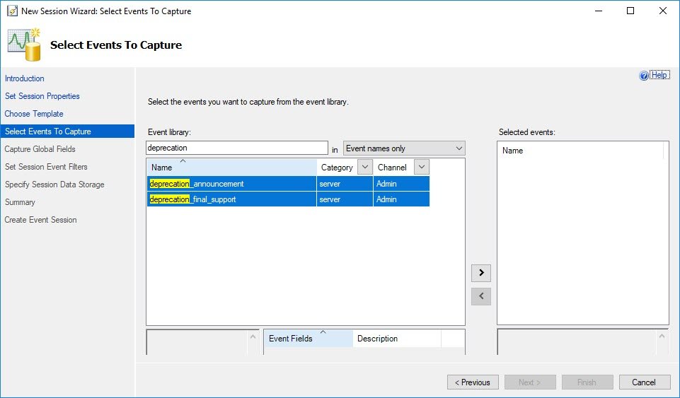 Select Events To Capture dialog.