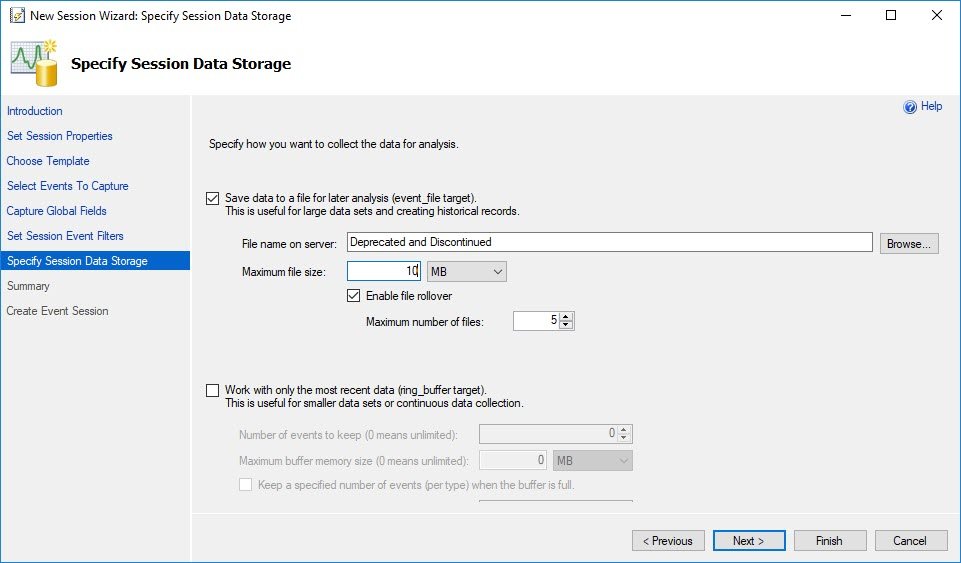 Specify Session Data Storage Window.