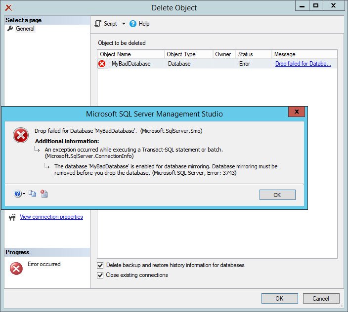 SQL server delete object error dialog.