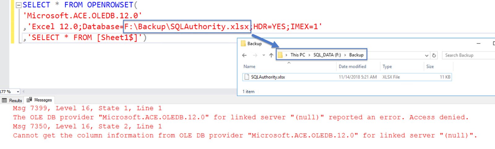 SQL server error dialog.