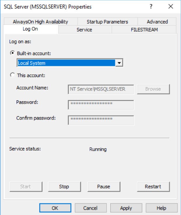 SQL Server (MSSQLSERVER) Properties dialog box.