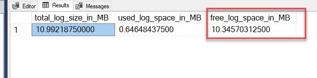 SQL Server free log space MB.