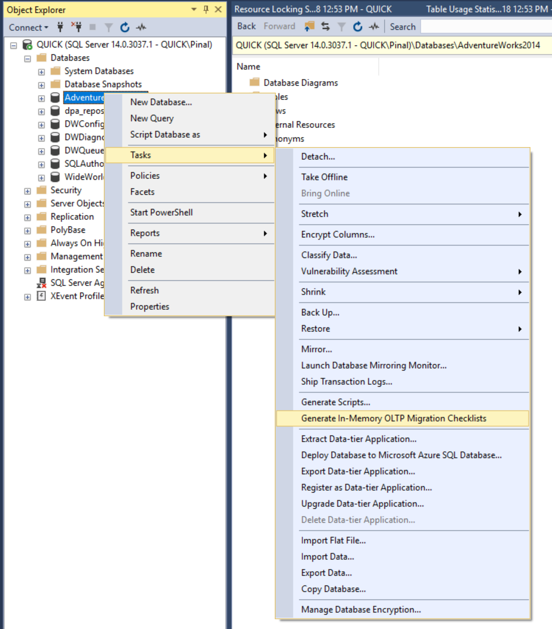 Quick server tools window showing OLTP migration checklist.