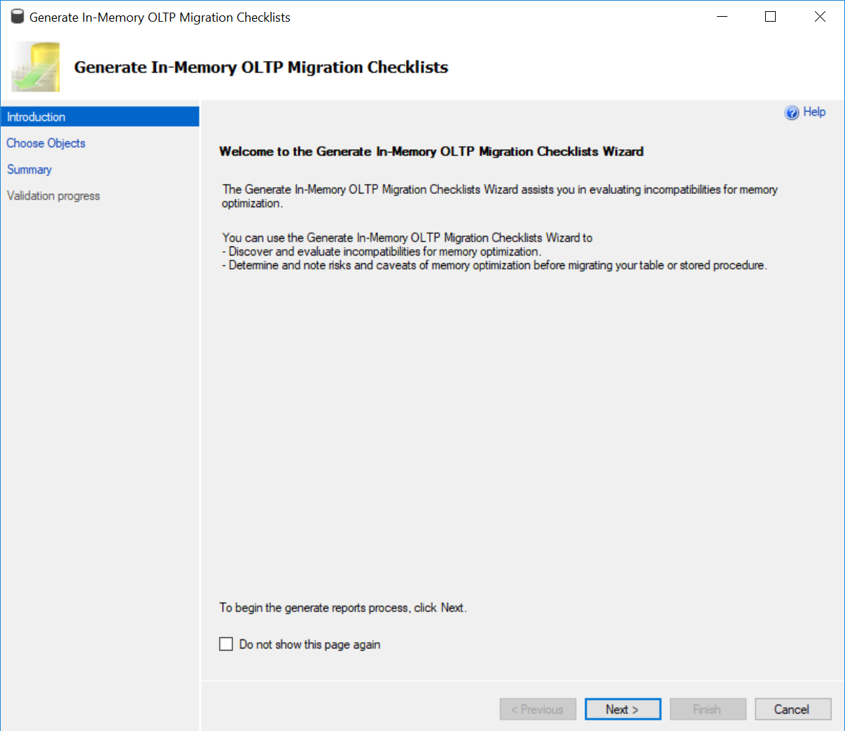 Generate In-Memory OLTP Migration Checklists Wizard.