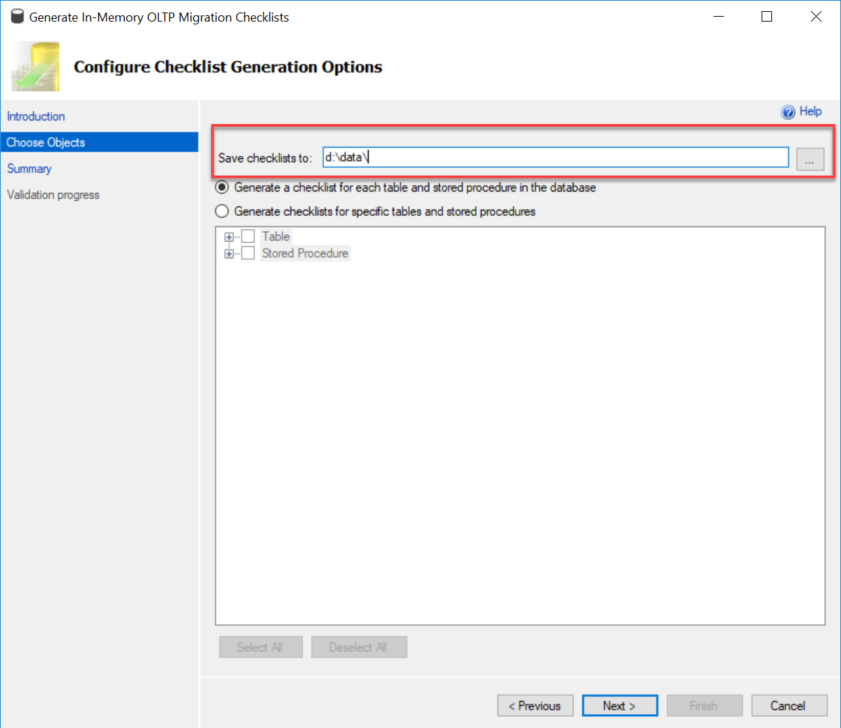 Generate checklist for in-memory OLTP migration.