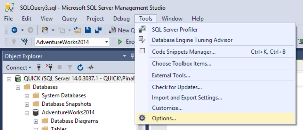 Options menu in SQL Server Management Studio.