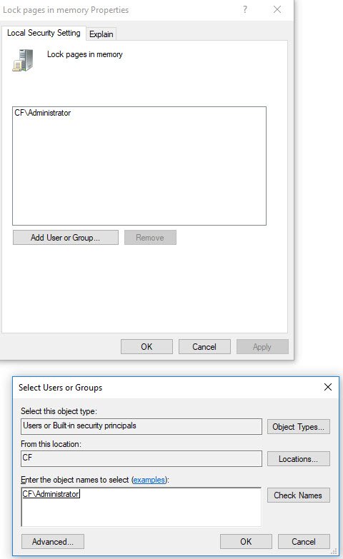 Lock page in memory tool window.