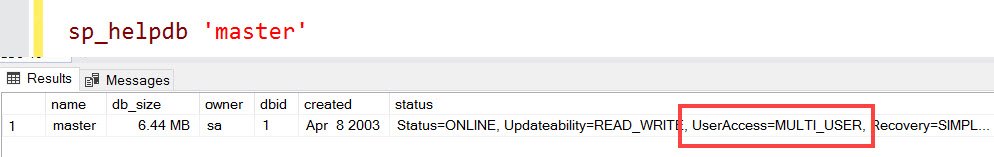 SQL Server Master Database In Single User Mode.