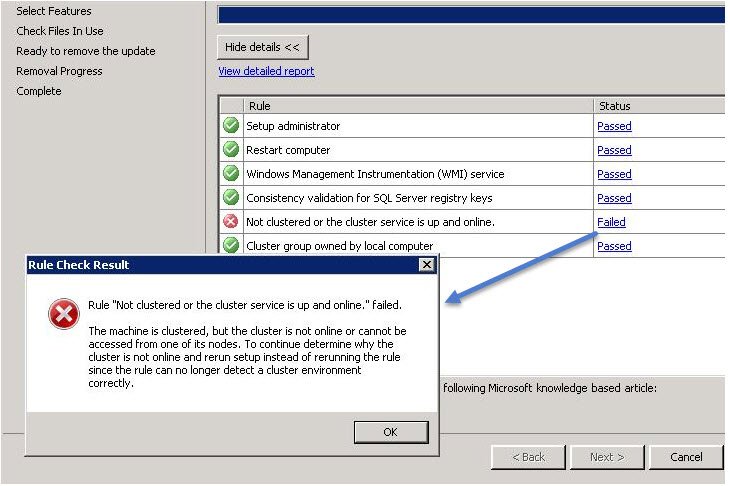 Patch Rule Failure: Not Clustered or the Cluster Service is Up and Online.
