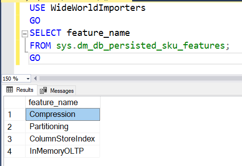 Historical WideWorldImporters result listing Compression, Partitioning, ColumnStoreIndex and InMemoryOLTP