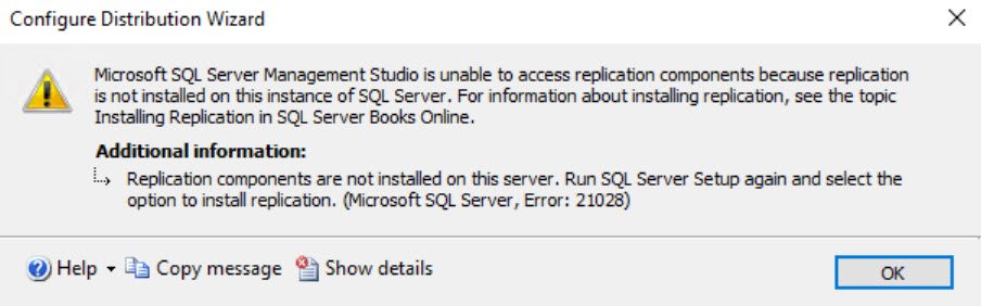 SQL server replication error dialog.