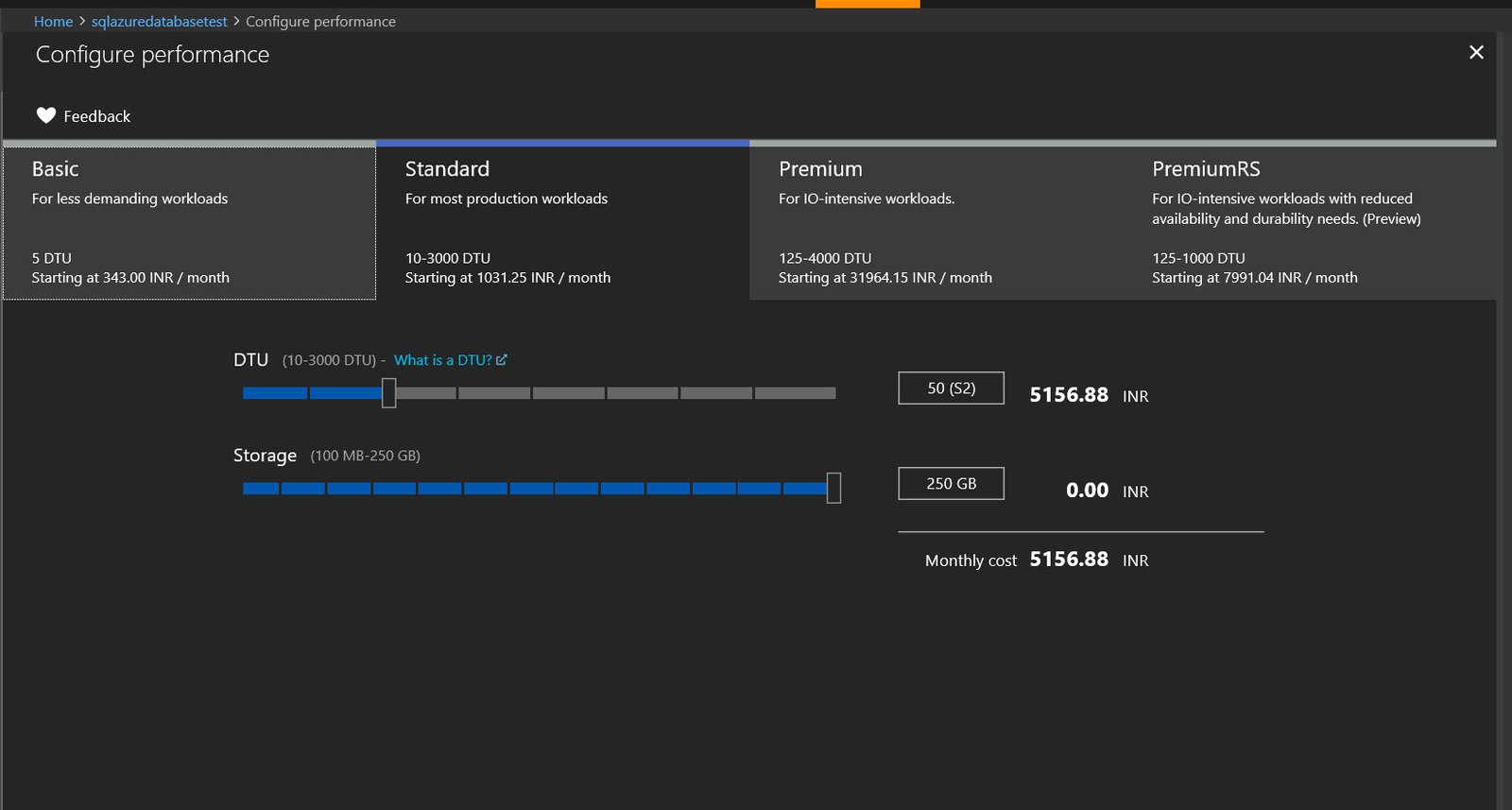 Configure performance in SQL Azure Database.