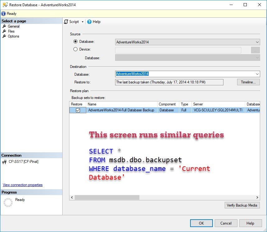 SQL Server backup restore wizard.