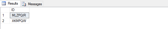 Results tab of Microsoft SQL Server Management Studio.