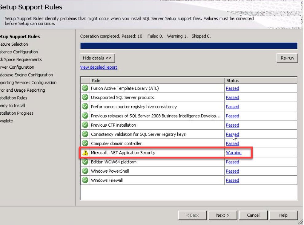 Setup Support Rules dialog box.