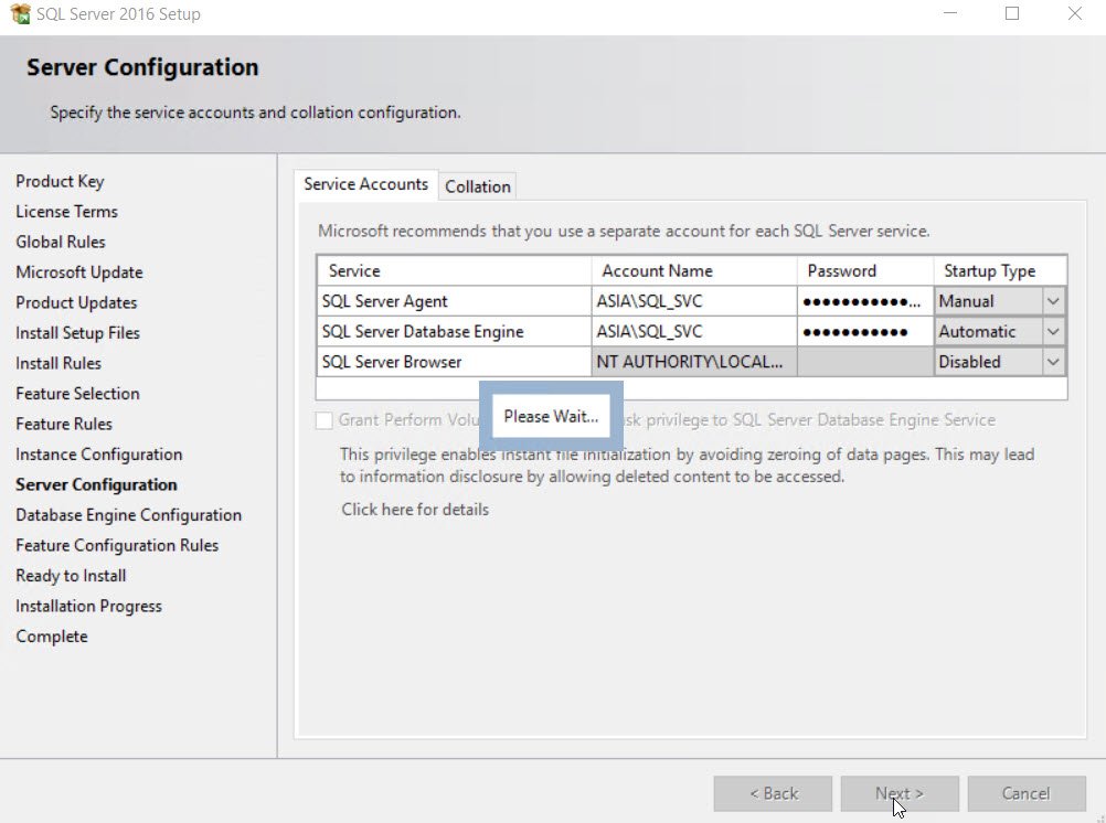 SQL server 2016 setup service account configuration.