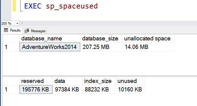 Results of sp_spaceused query execution.