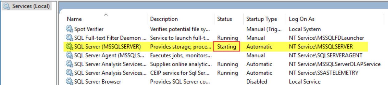 SQL Server Service state is stuck.
