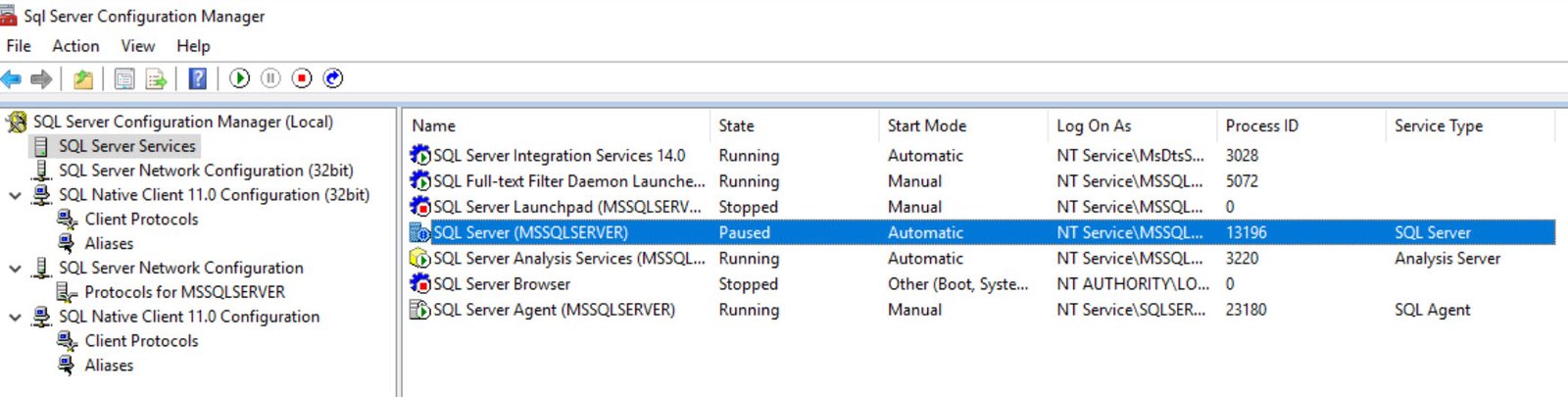 SQL Server Service paused.