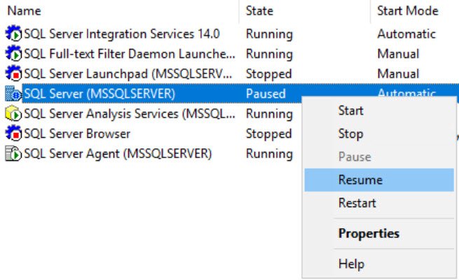 Resume SQL Server Service.