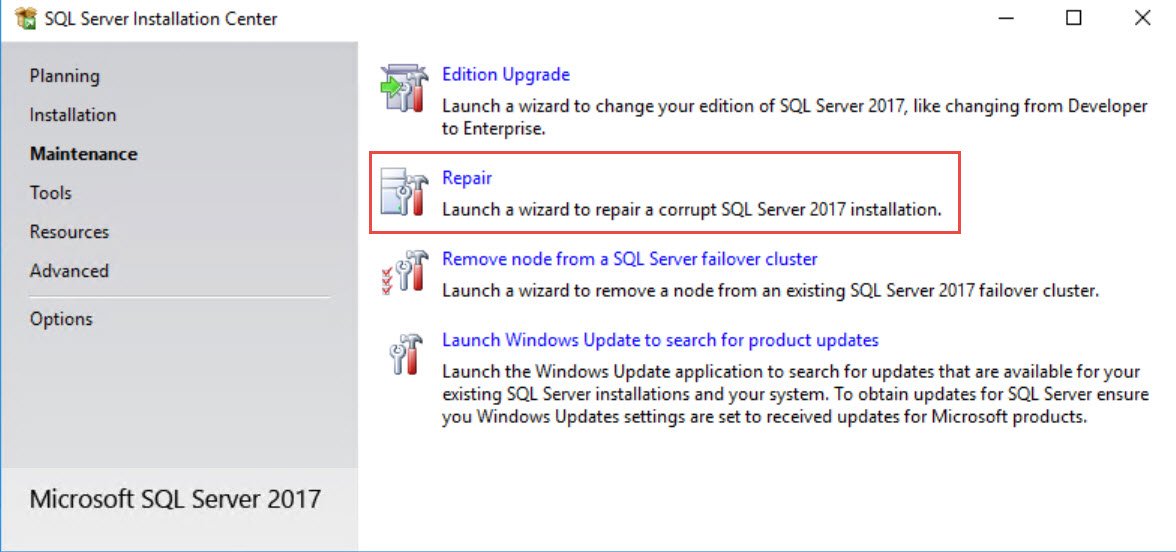 Repair SQL Server Installation.