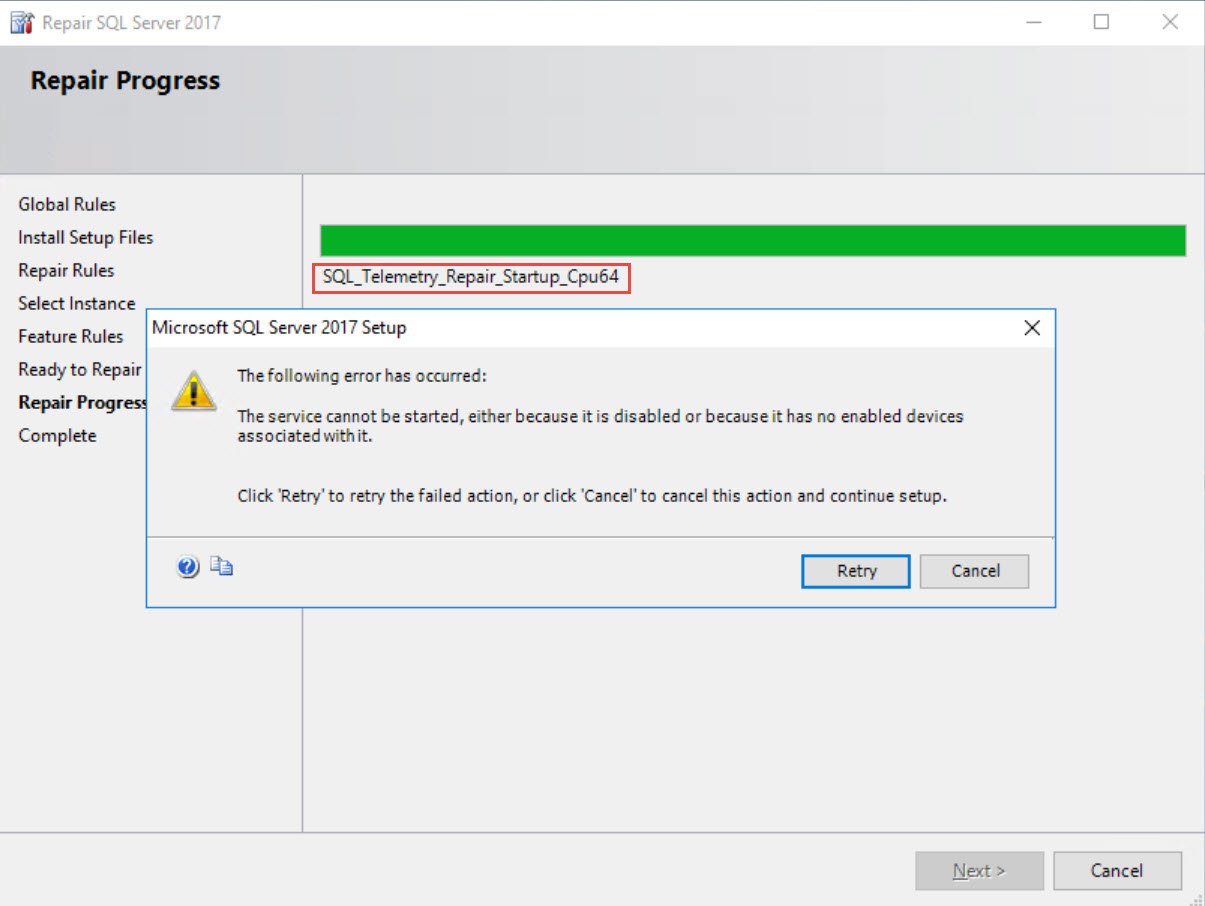 SQL Telemetry Repair Startup Error Dialog.