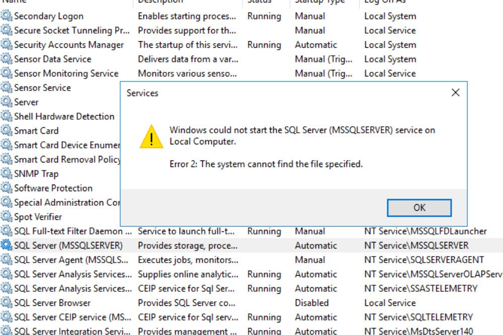 SQL Server Not Starting Error.