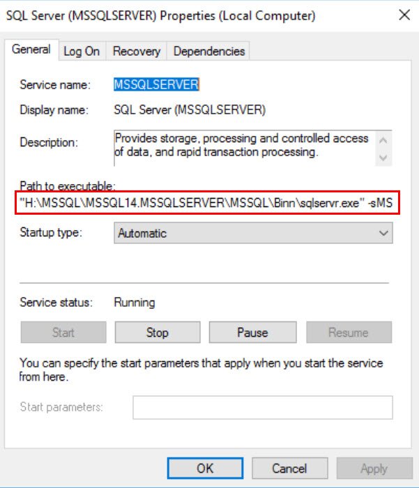 Sql server properties window.