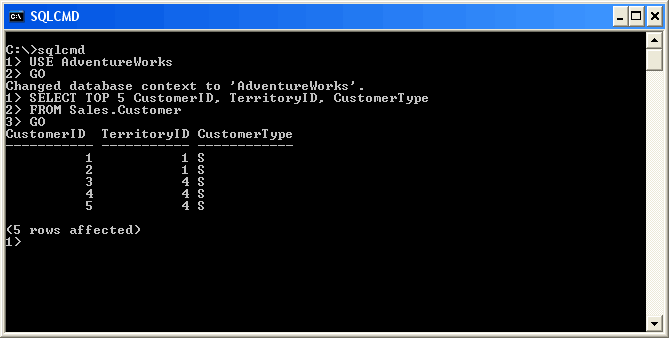 SQLCMD window displaying query results.