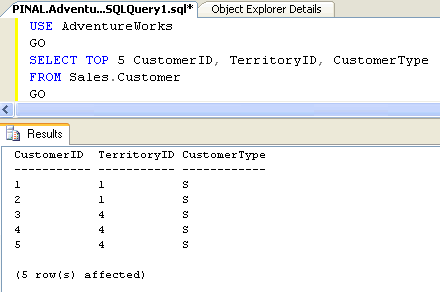 SQL query results window.