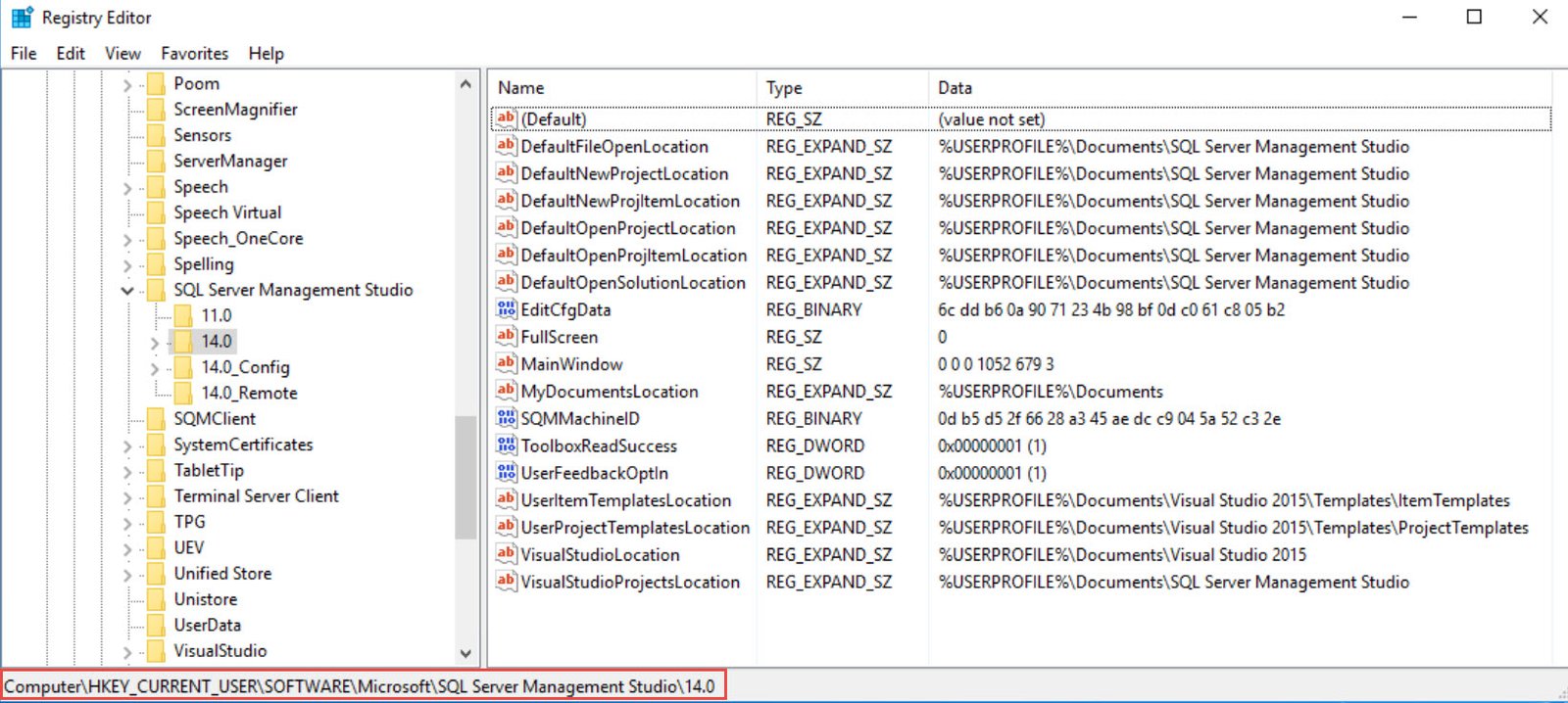 Tool window showing registry files.
