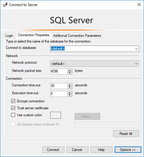 SQL Server connection settings.