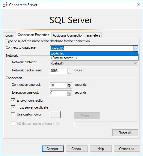 SQL server connect to server dialog.
