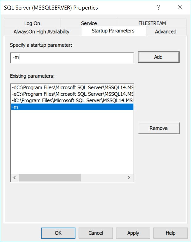 SQL Server startup parameters window.