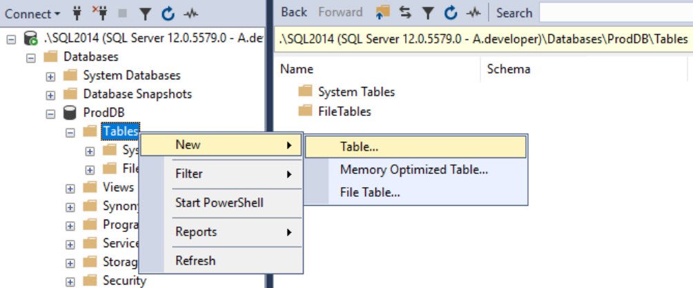 Create new table in SQL Server.