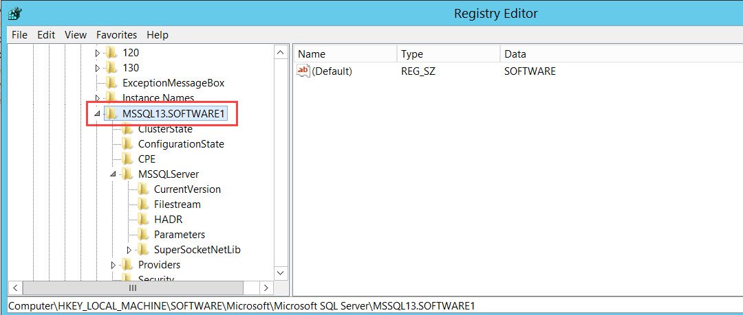 SQL Server instance name in Registry Editor.