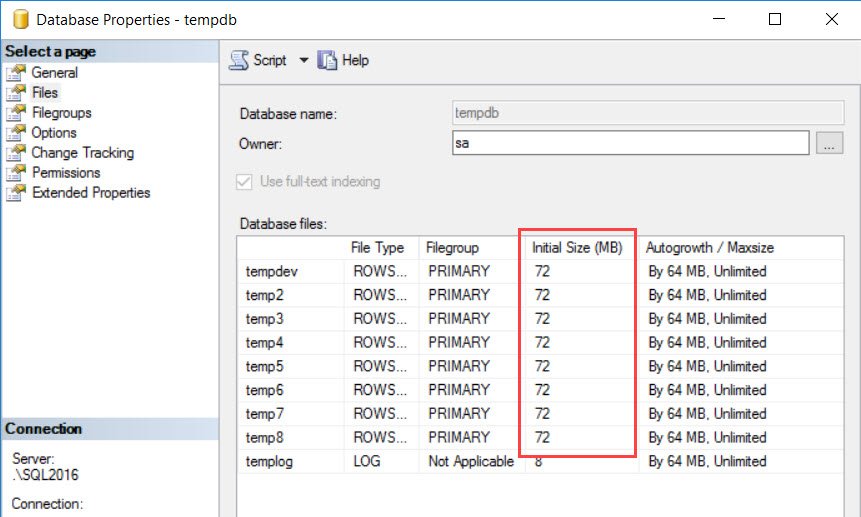 Tempdb database properties tool window.