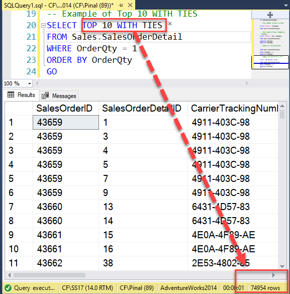 SQL Server TOP WITH TIES query results.