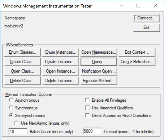 WMI Instrumentation Tester Tool Window.