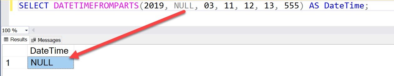 SQL Server DATETIMEFROMPARTS dialog.