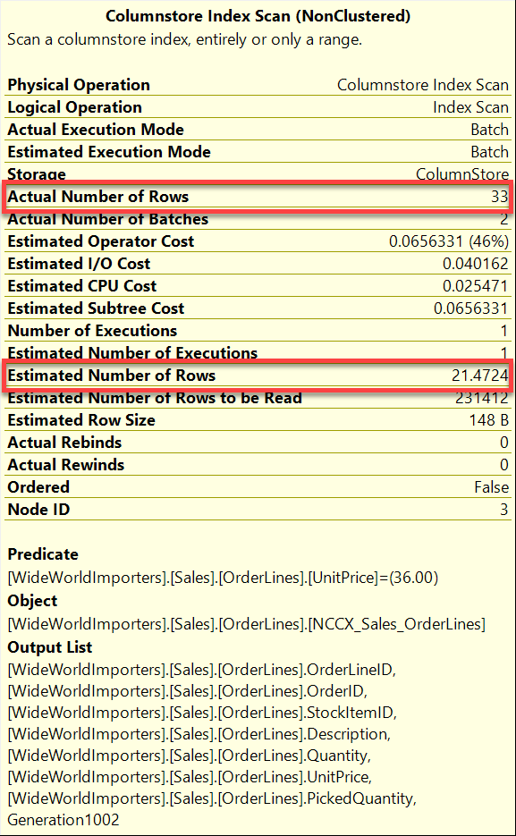 Original properties show actualrows33 and estimatedrows21.4724 for UnitPrice36 predicate